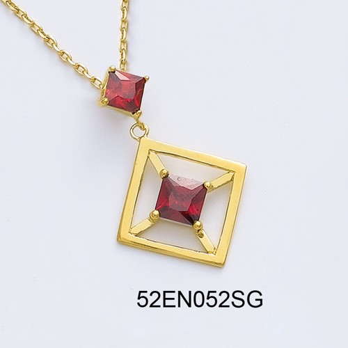 18K gold plated geometric square necklace with synthetic red stones, SKU 52EN052SG