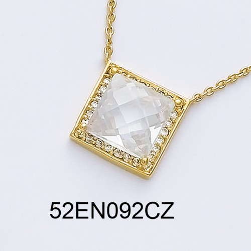 18K gold plated square pendant necklace with faceted clear cubic zirconia center stone, SKU 52EN092CZ