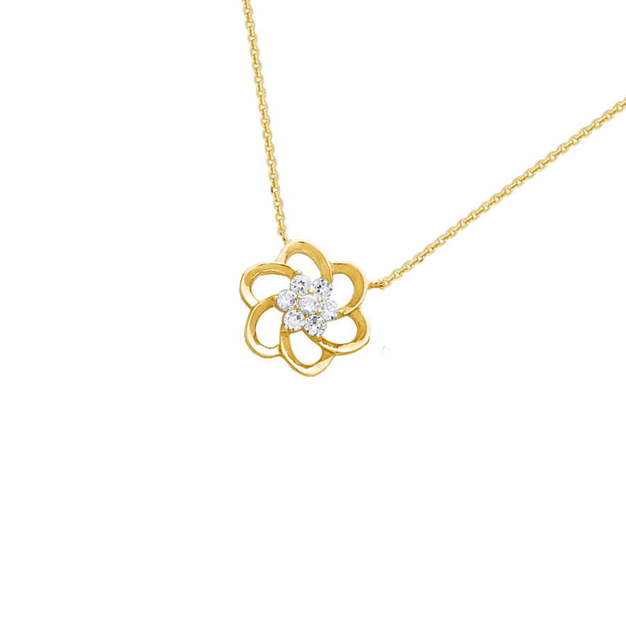 18K gold plated open flower pendant necklace with clear cubic zirconia center cluster, SKU 52EN103CZ