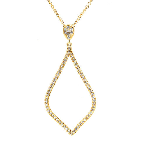 18K gold plated elongated open teardrop pendant necklace with clear pavé cubic zirconia, SKU 52EU1064CZ