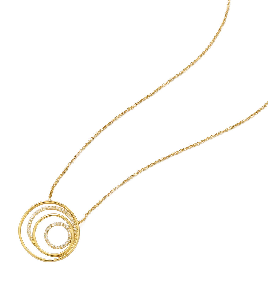 18K gold plated layered concentric circle pendant necklace with clear pavé cubic zirconia, SKU 52HL061CZ