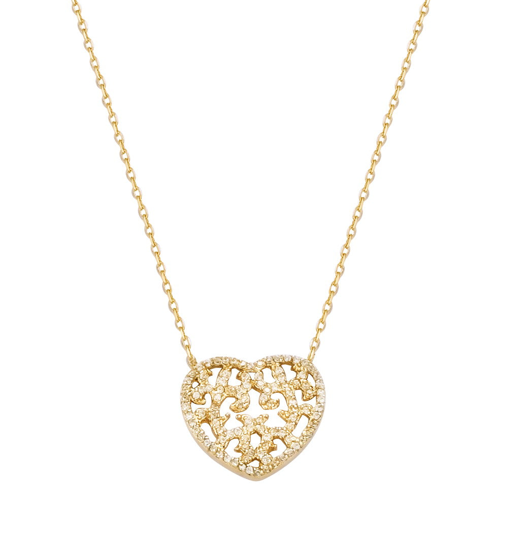 18K gold plated ornate openwork heart pendant necklace with clear pavé cubic zirconia, SKU 52HL068CZ