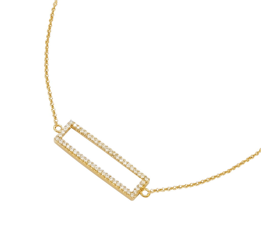 18K gold plated open rectangular station necklace with clear pavé cubic zirconia, SKU 52HL069CZ