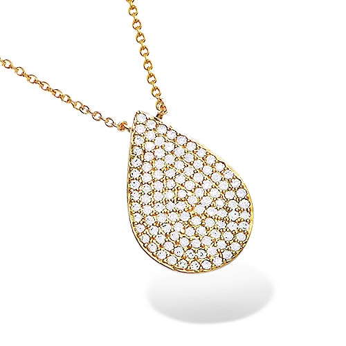 18K gold plated large teardrop pendant necklace fully set with clear pavé cubic zirconia, SKU 52HN081CZ