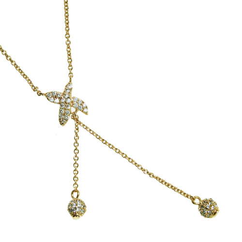 18K gold plated wing lariat necklace with clear pavé cubic zirconia and pavé ball drops, SKU 52HN092CZ
