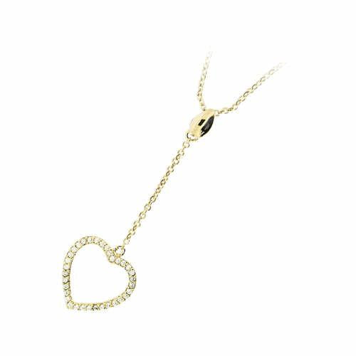 18K gold plated open heart pavé cubic zirconia lariat necklace with polished leaf slider, SKU 52HN134CZ