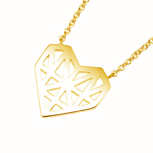 18K gold plated geometric open heart pendant necklace with faceted cutouts, SKU 52HU1570