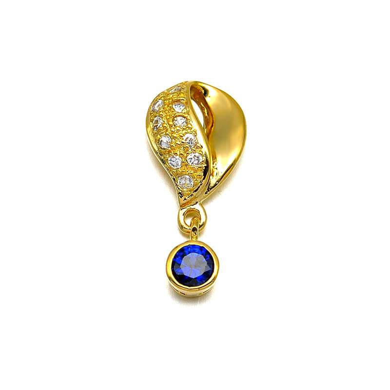 18K gold plated curved leaf pendant with blue synthetic glass stone dangle and clear accents, SKU 626489SS