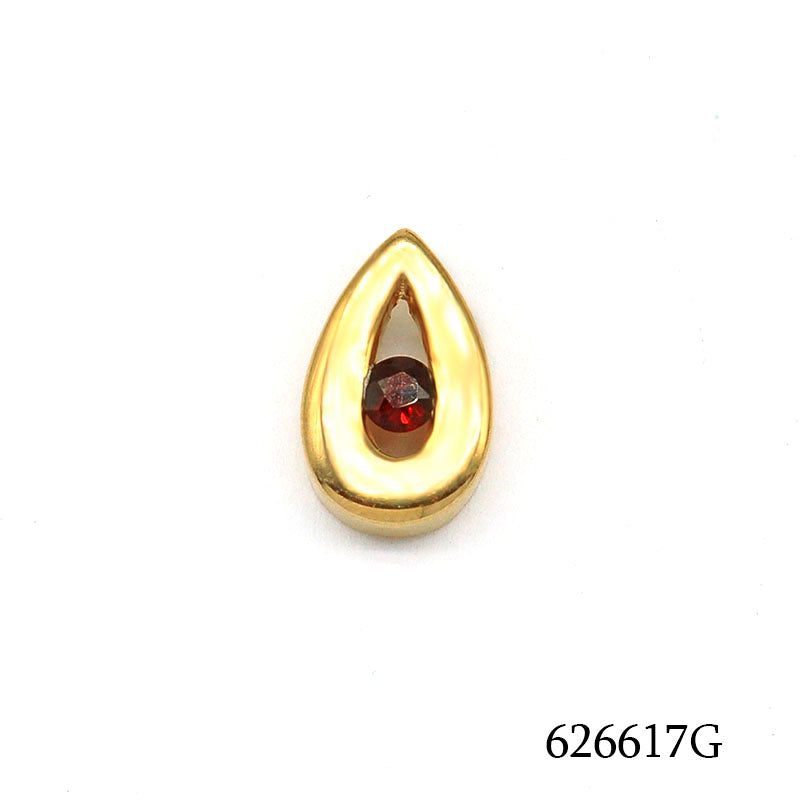 18K gold plated open teardrop pendant with faceted red cubic zirconia dangle, SKU 626617G