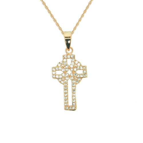 18K gold plated openwork cross pendant with clear pavé cubic zirconia, SKU 62EN078CZ
