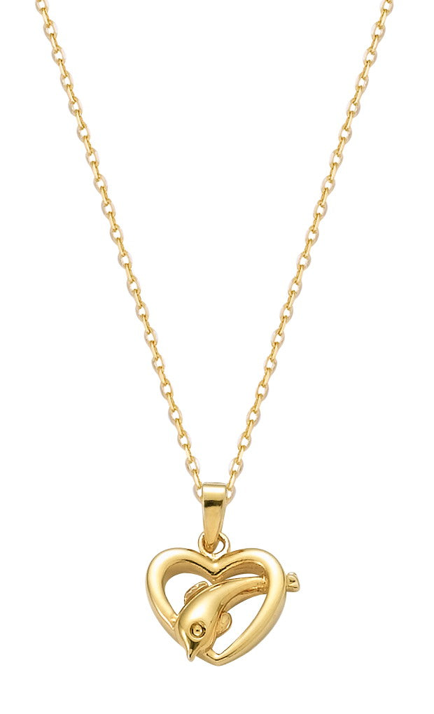 18K gold plated dolphin pendant inside an open heart frame, SKU 62HL117