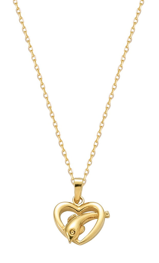 18K gold plated dolphin pendant inside an open heart frame, SKU 62HL117
