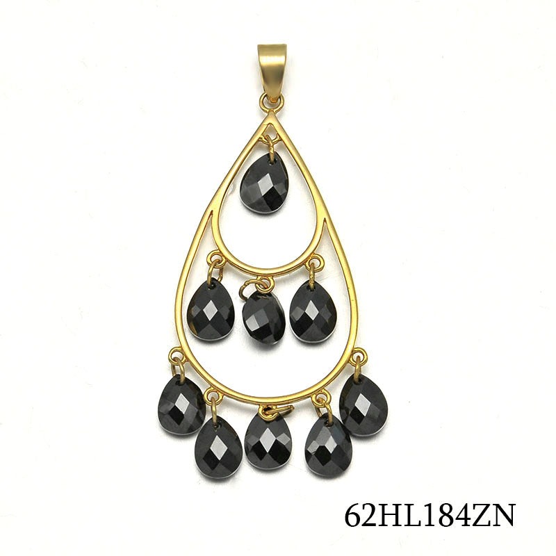 18K gold plated layered teardrop chandelier pendant with black synthetic cubic zirconia dangles, SKU 62HL184ZN