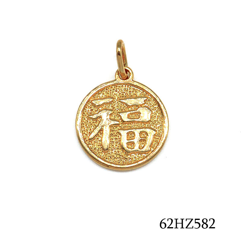18K gold plated round medallion pendant with raised Chinese Fu good fortune character, SKU 62HZ582